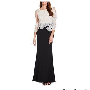 NWT Adrianna Papel black & cream lace overlay full length formal dress size 4